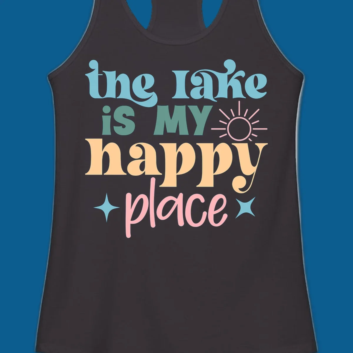 The lake is my happy place text with sun and starbursts, lake-happy-place design