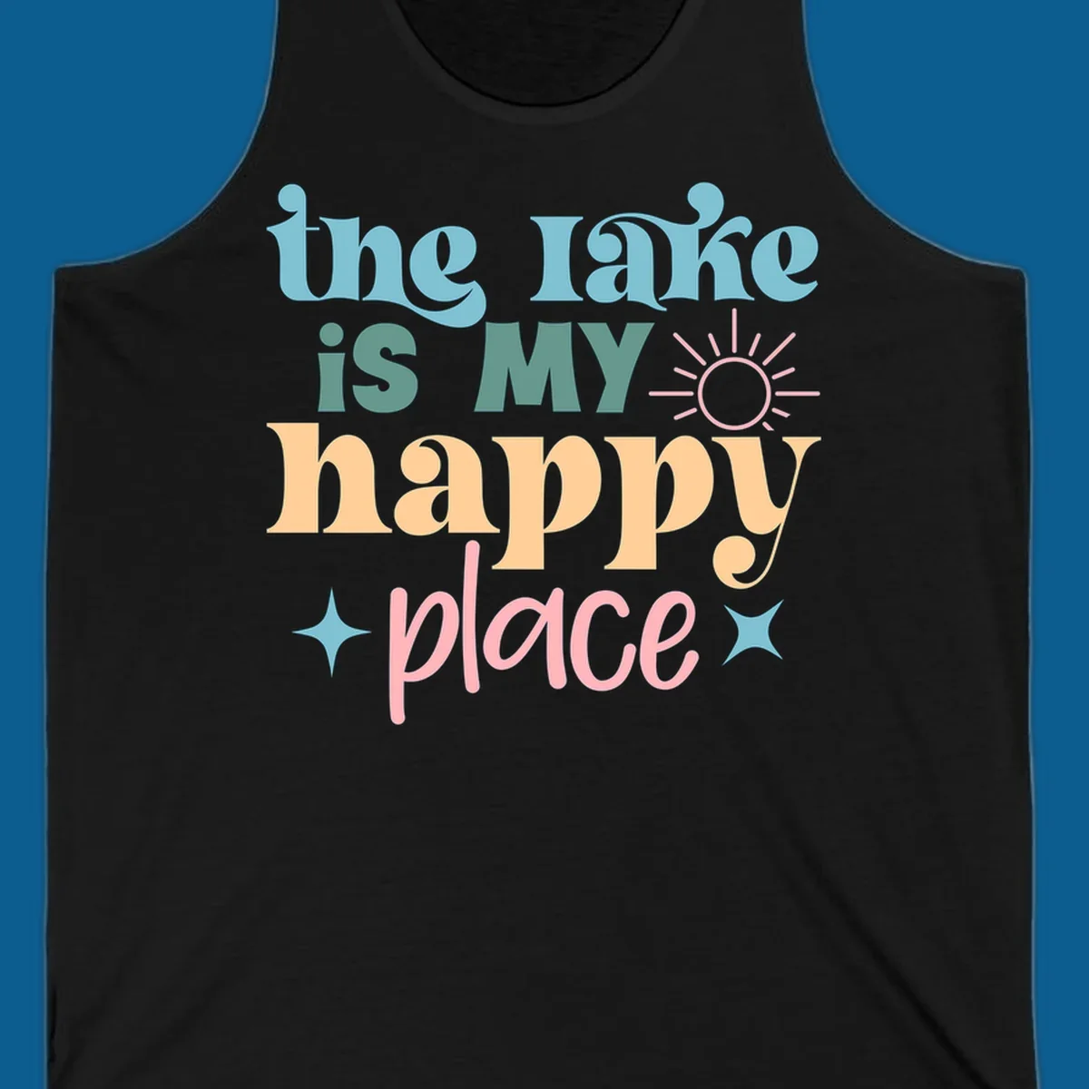 The lake is my happy place text with sun and starbursts, lake-happy-place design