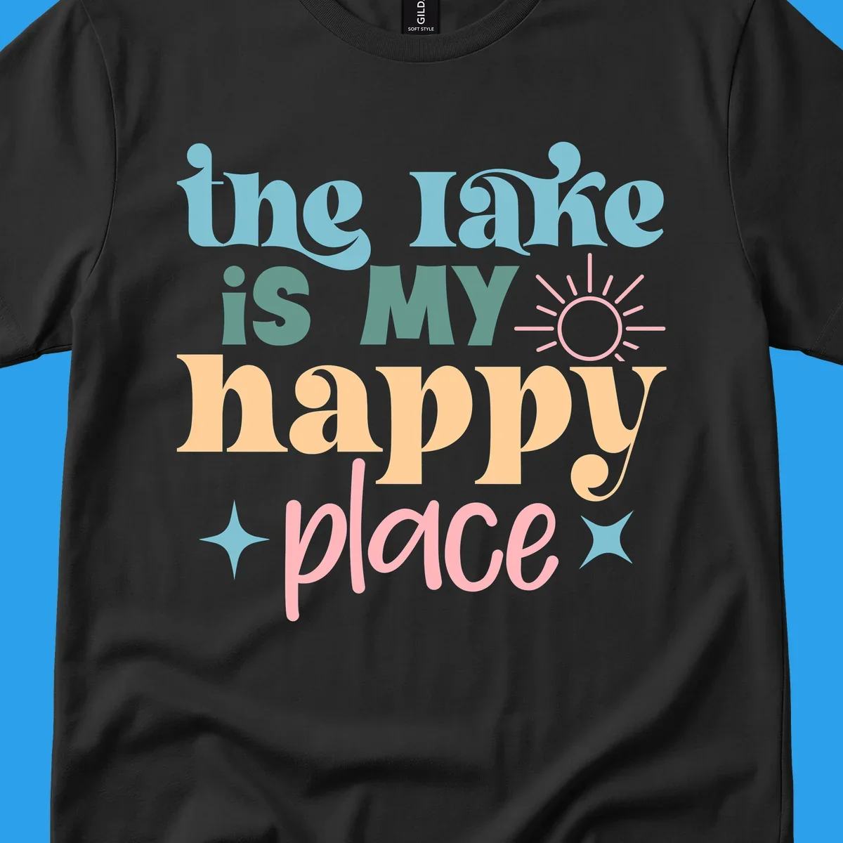 The lake is my happy place text with sun and starbursts, lake-happy-place design