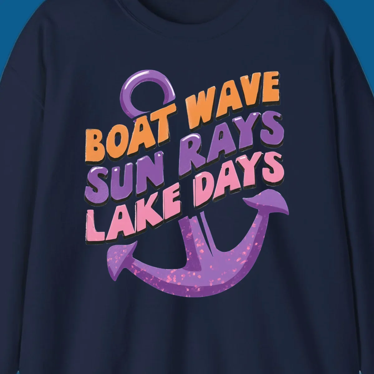 Boat wave sun rays lake days text with anchor graphic. lake-days-boat-wave