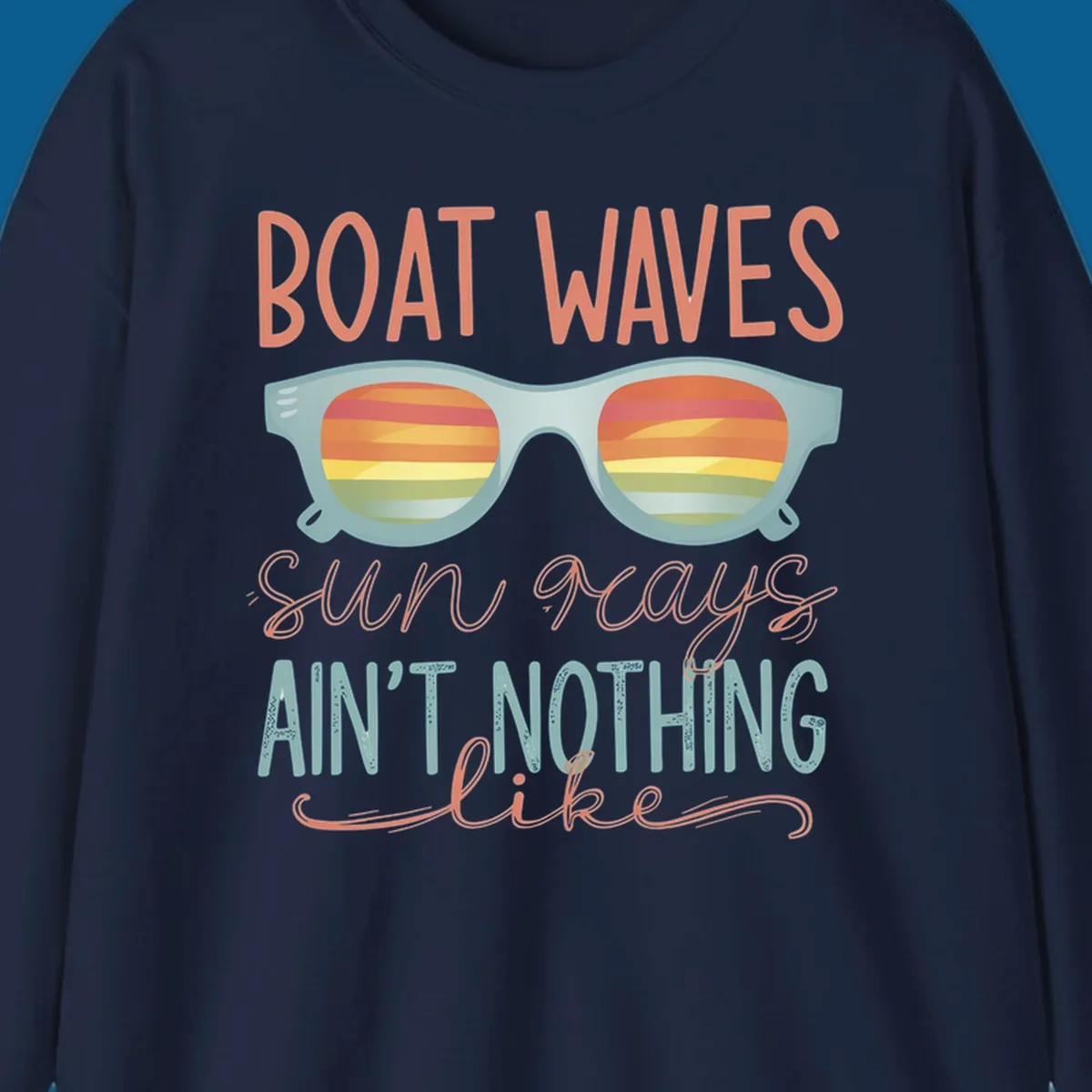 Boat waves and sunglasses with sunset reflection, text says 'sun rays ain't nothing like'