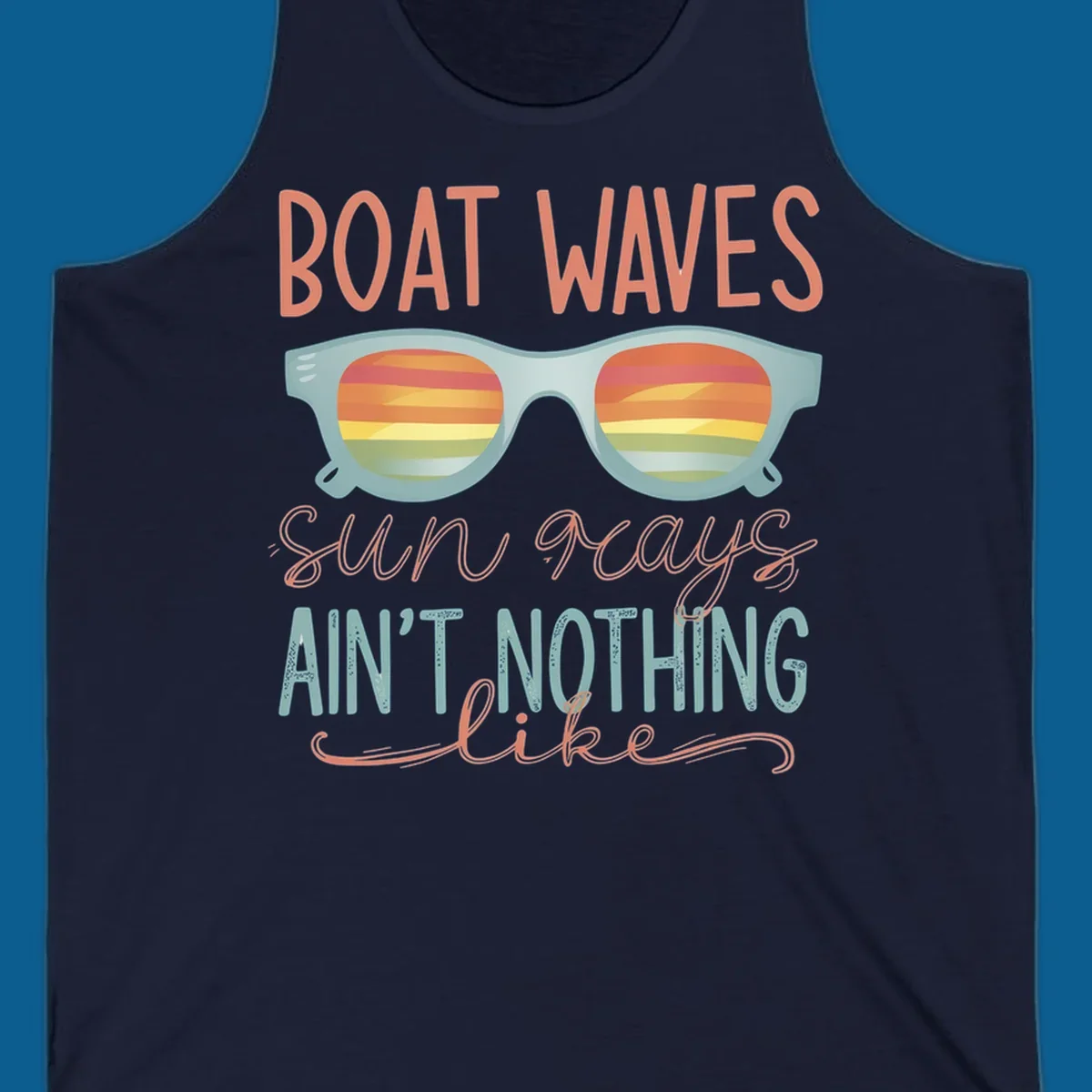 Boat waves and sunglasses with sunset reflection, text says 'sun rays ain't nothing like'