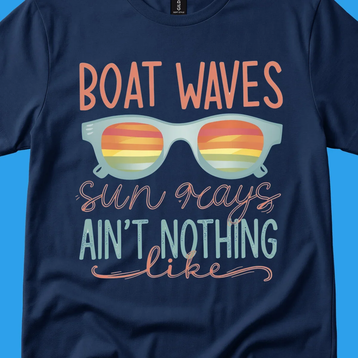 Boat waves and sunglasses with sunset reflection, text says 'sun rays ain't nothing like'