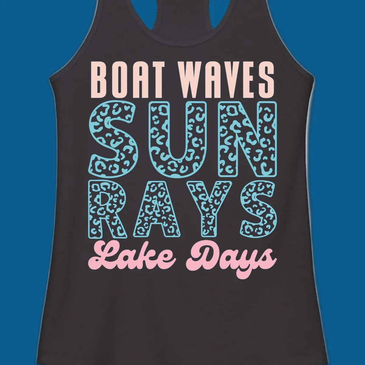 Boat waves sun rays lake days text design with pink and teal leopard print.