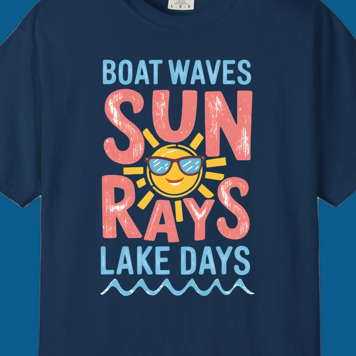 Boat waves sun rays lake days graphic with a sun wearing sunglasses.