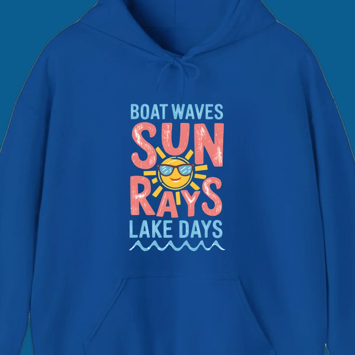 Boat waves sun rays lake days graphic with a sun wearing sunglasses.