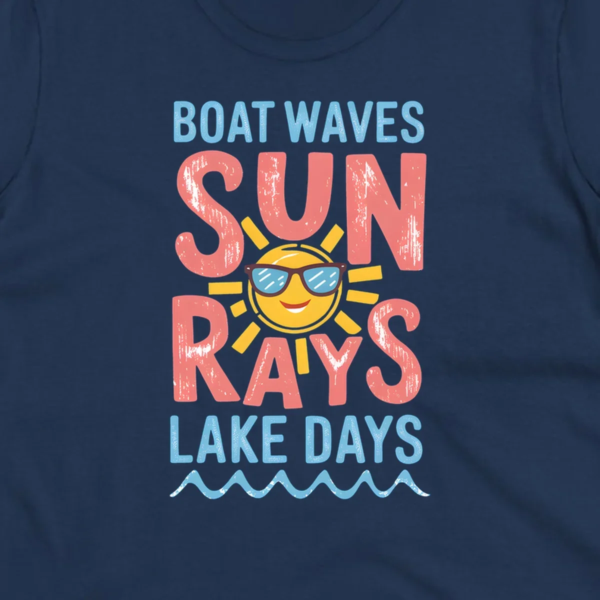 Boat waves sun rays lake days graphic with a sun wearing sunglasses.