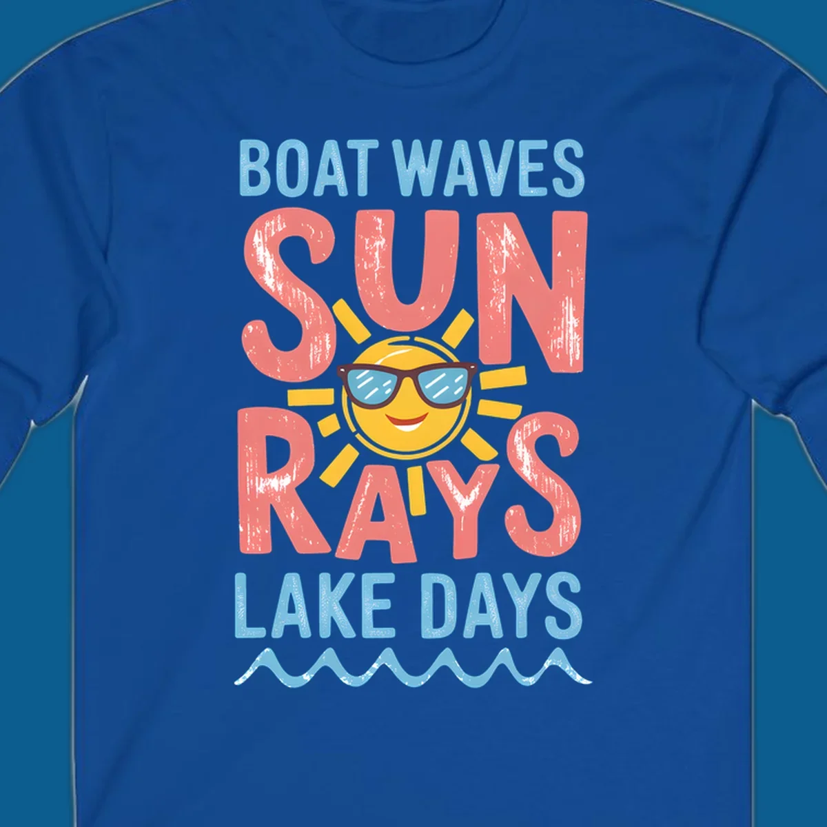Boat waves sun rays lake days graphic with a sun wearing sunglasses.