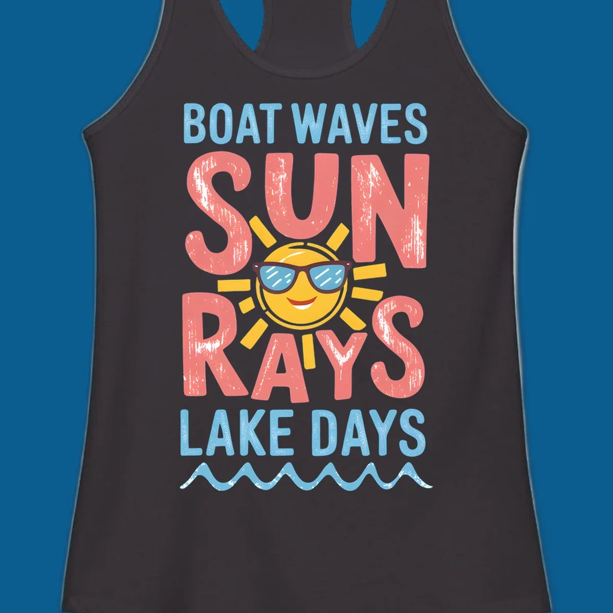 Boat waves sun rays lake days graphic with a sun wearing sunglasses.