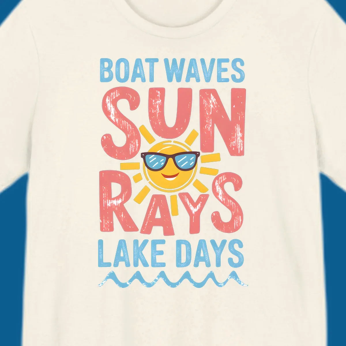 Boat waves sun rays lake days graphic with a sun wearing sunglasses.