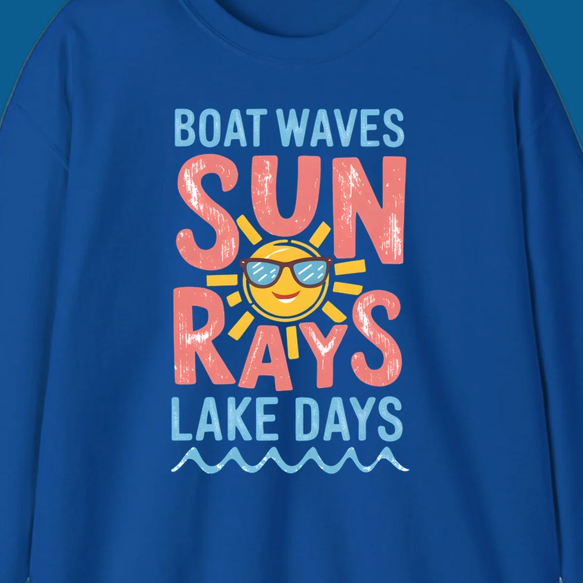 Boat waves sun rays lake days graphic with a sun wearing sunglasses.