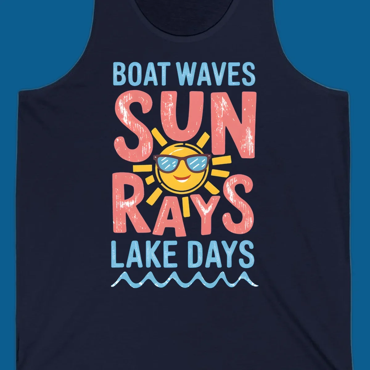 Boat waves sun rays lake days graphic with a sun wearing sunglasses.