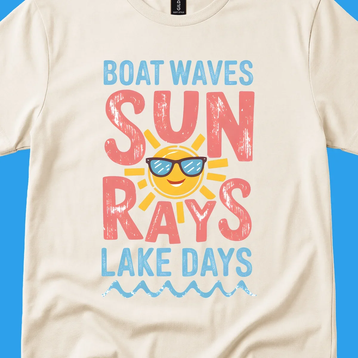 Boat waves sun rays lake days graphic with a sun wearing sunglasses.