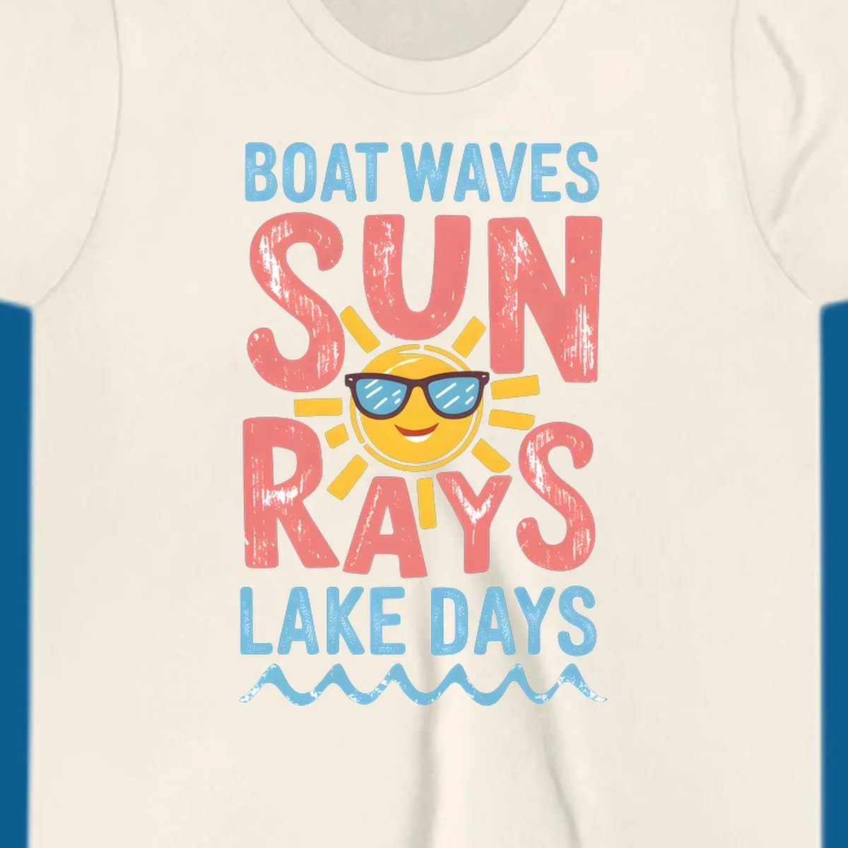 Boat waves sun rays lake days graphic with a sun wearing sunglasses.