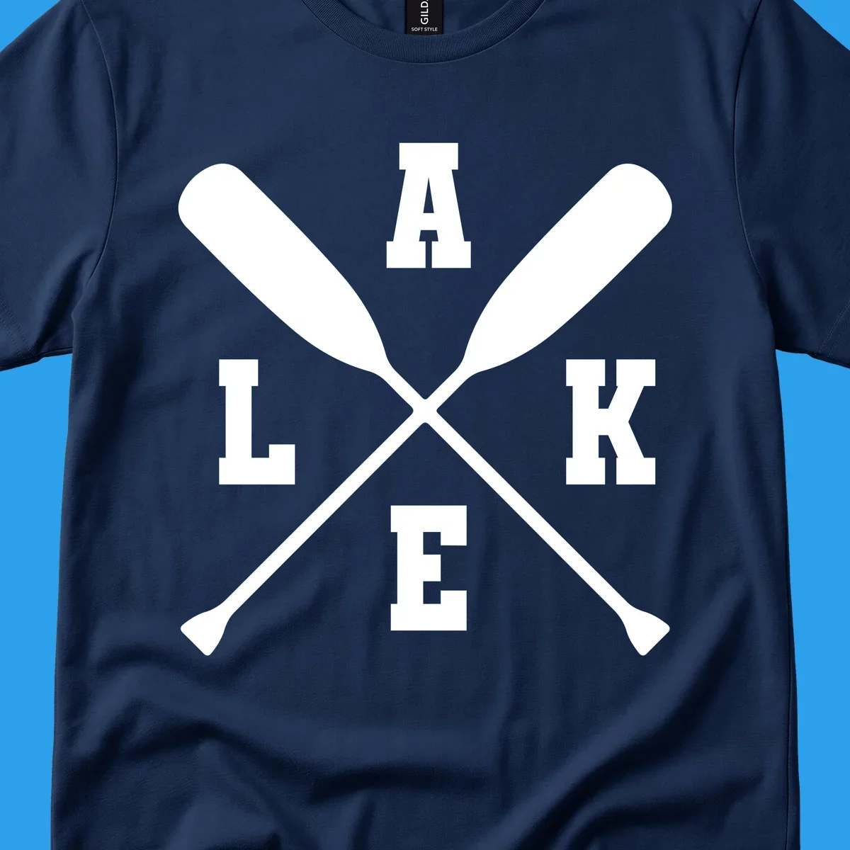 Lake life crossed oars design with the word LAKE.