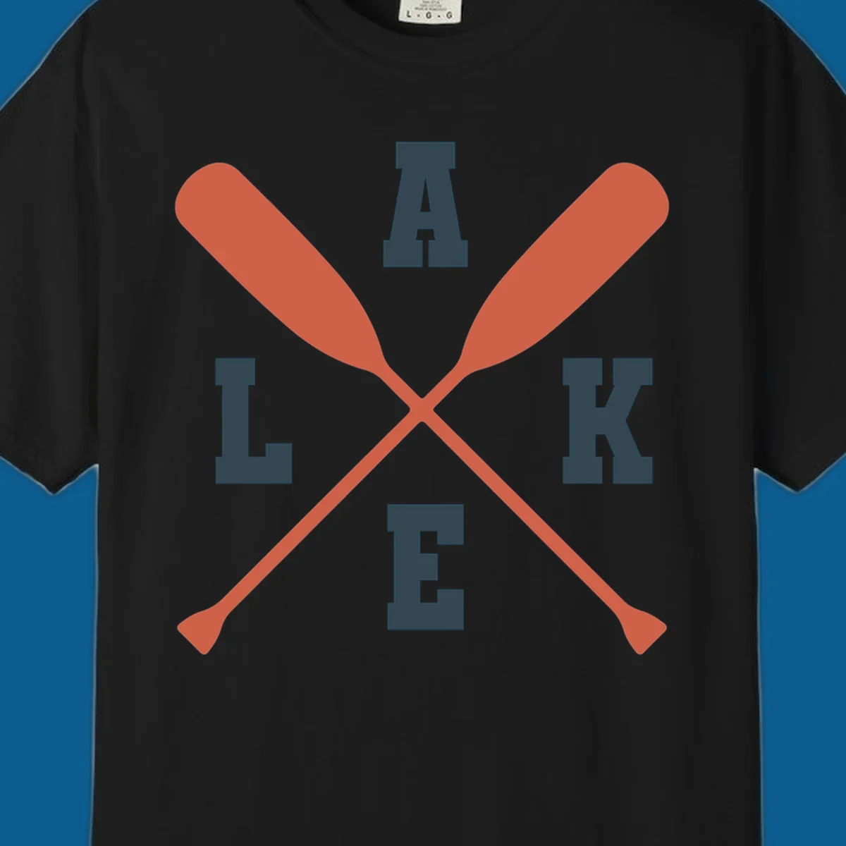 Crossed oars forming an emblem with the word LAKE, for lake life