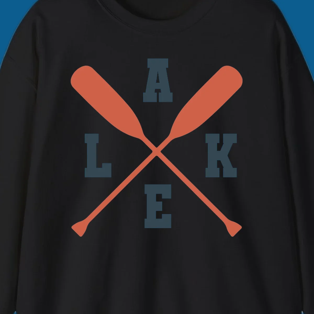 Crossed oars forming an emblem with the word LAKE, for lake life