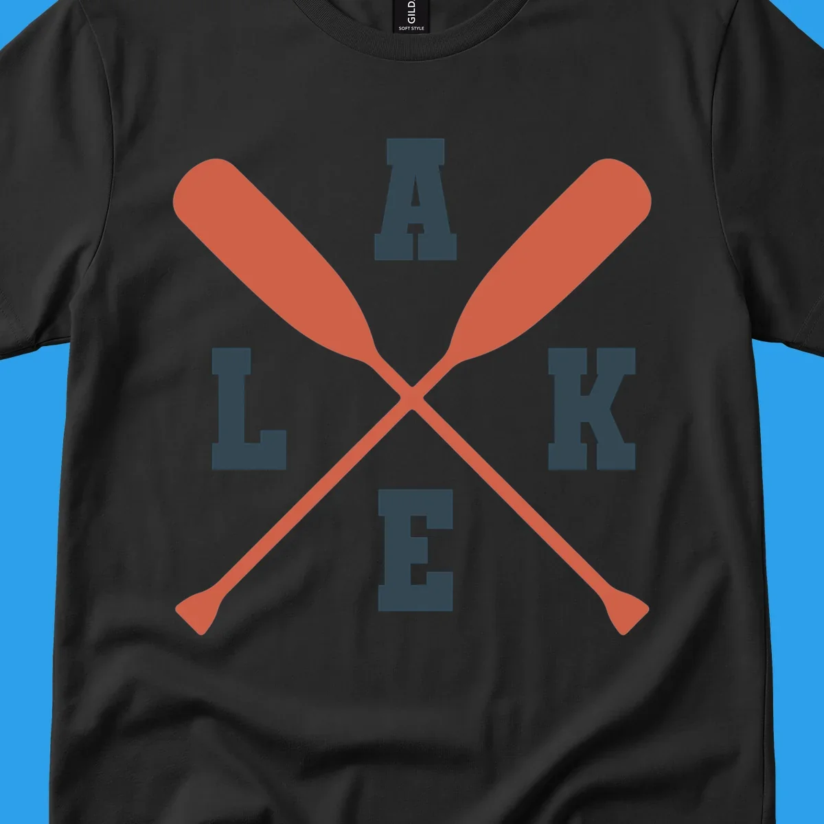 Crossed oars forming an emblem with the word LAKE, for lake life