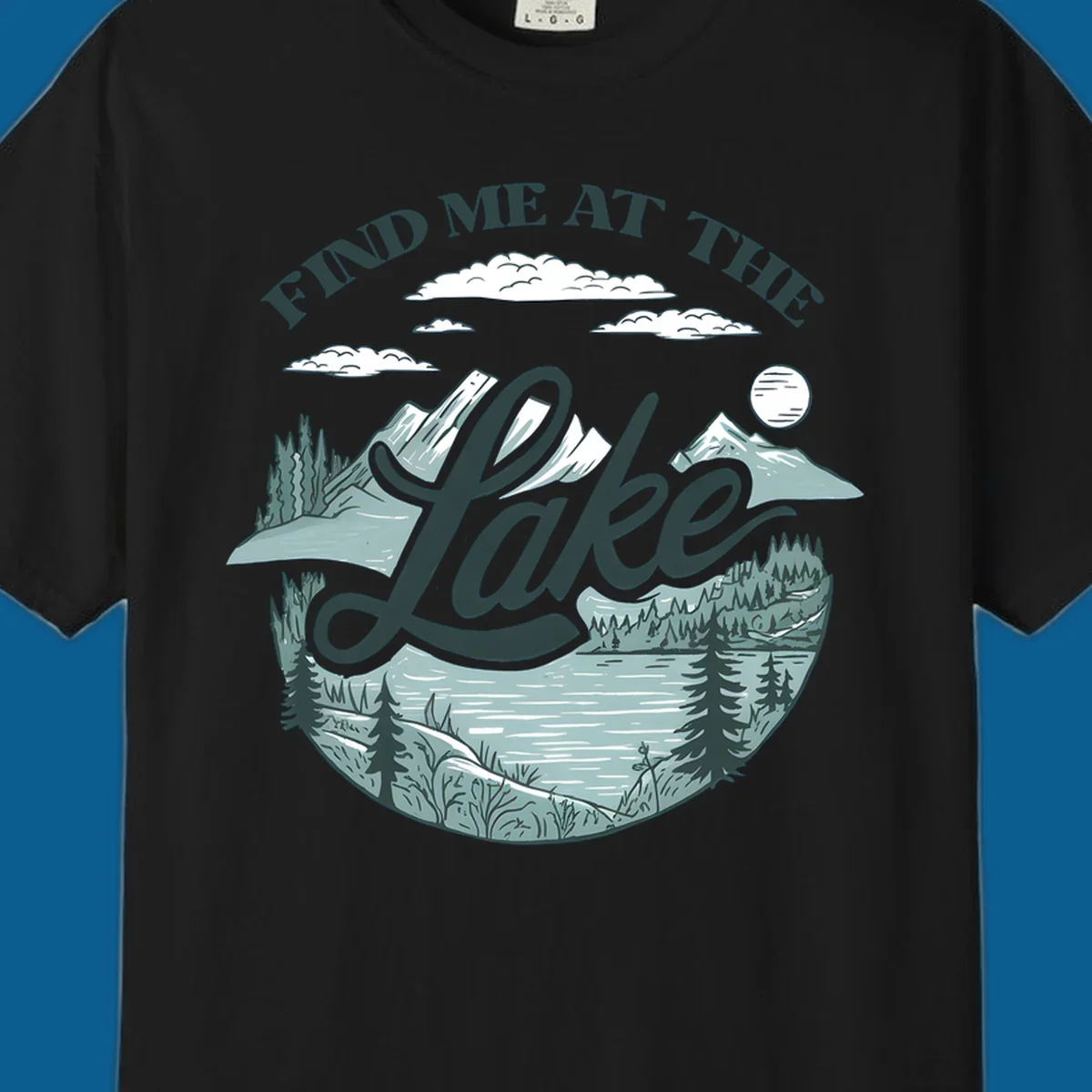 Find me at the lake scenic mountain and lake illustration with text.