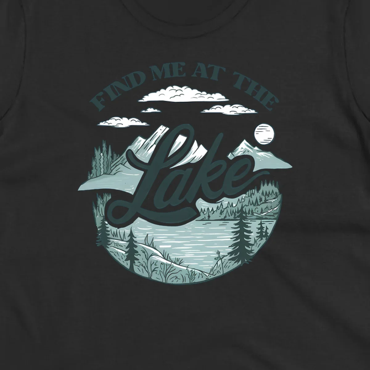 Find me at the lake scenic mountain and lake illustration with text.