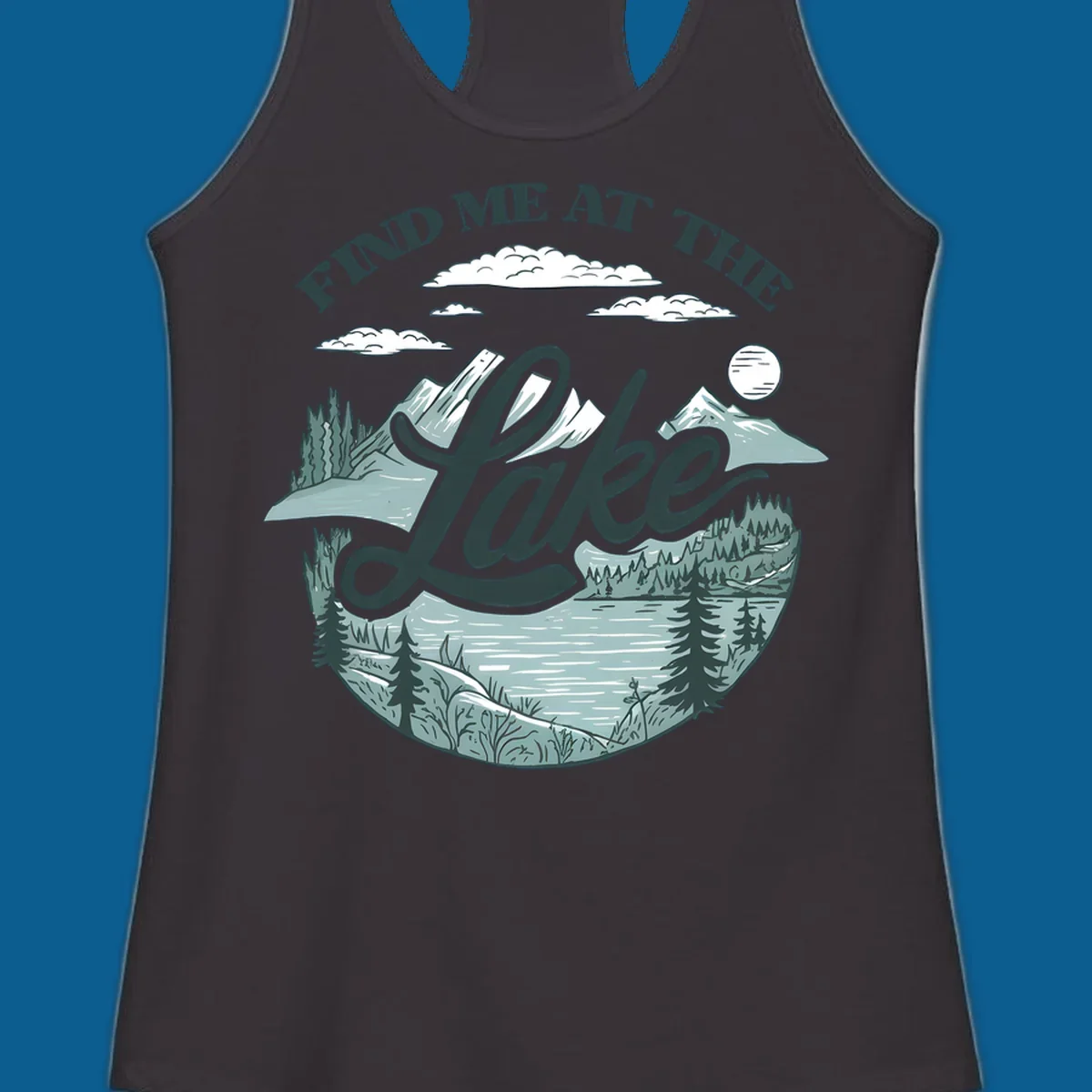 Find me at the lake scenic mountain and lake illustration with text.
