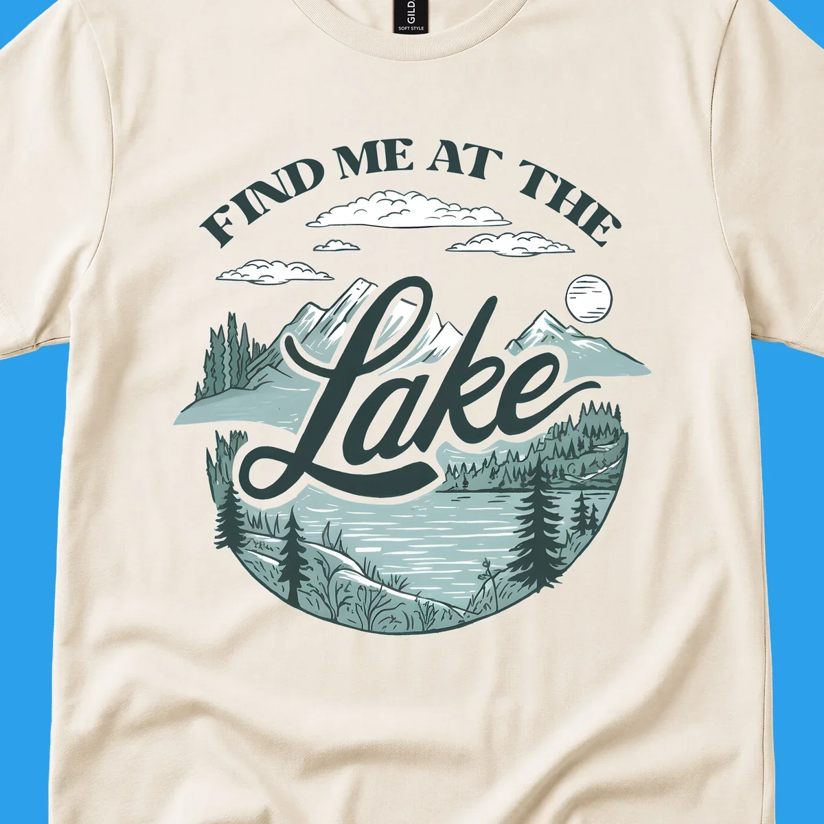 Find me at the lake scenic mountain and lake illustration with text.