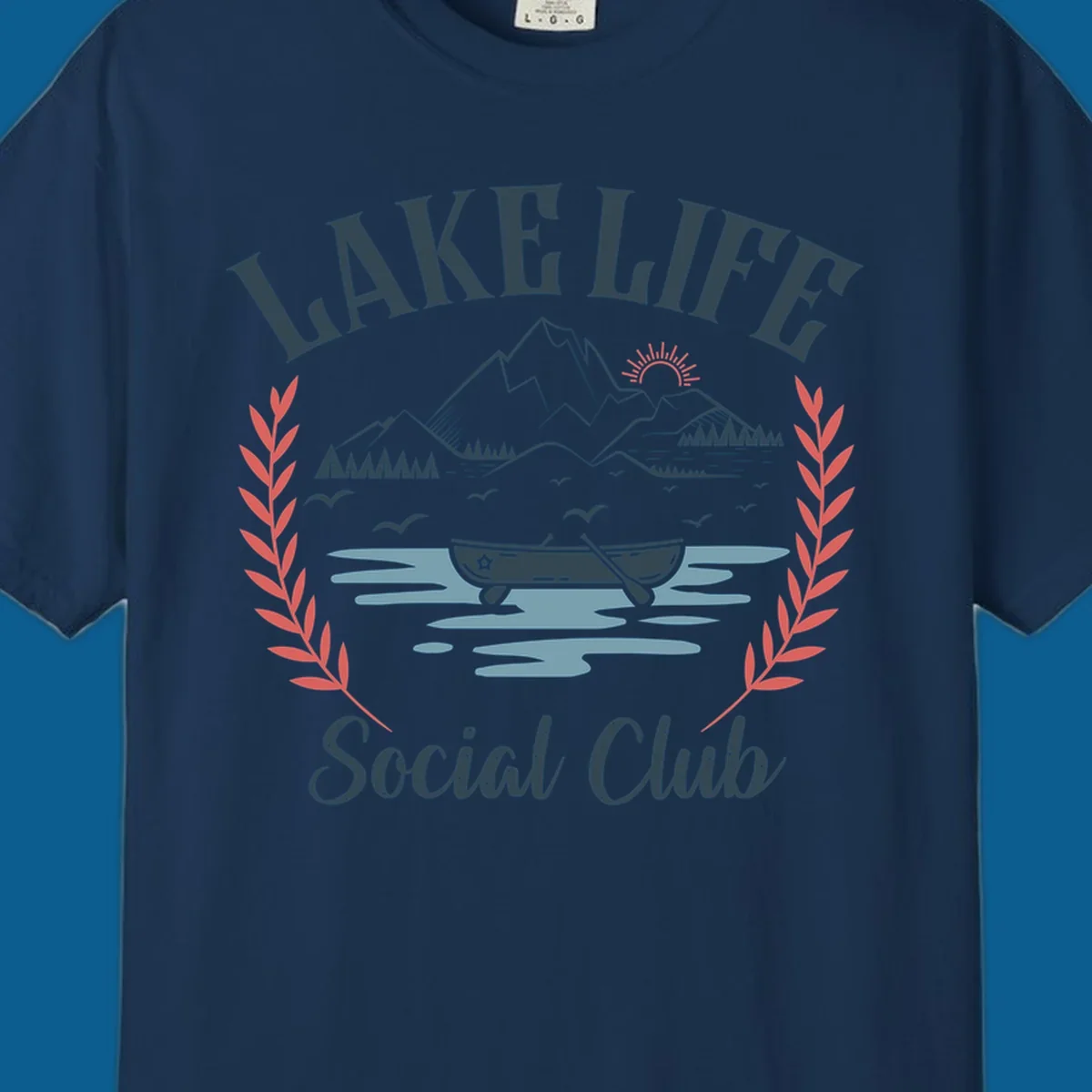 Lake life social club design with mountains, lake, canoe, and birds.