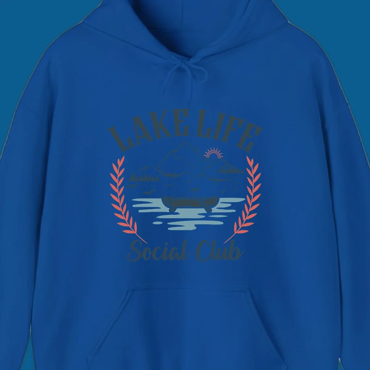Lake life social club design with mountains, lake, canoe, and birds.