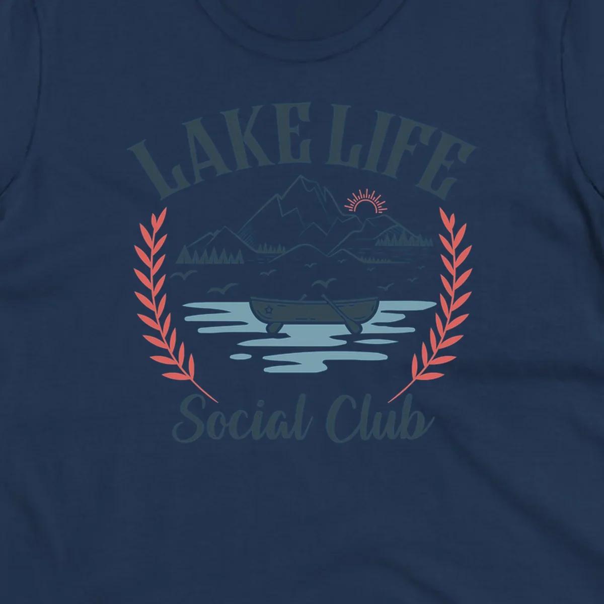 Lake life social club design with mountains, lake, canoe, and birds.