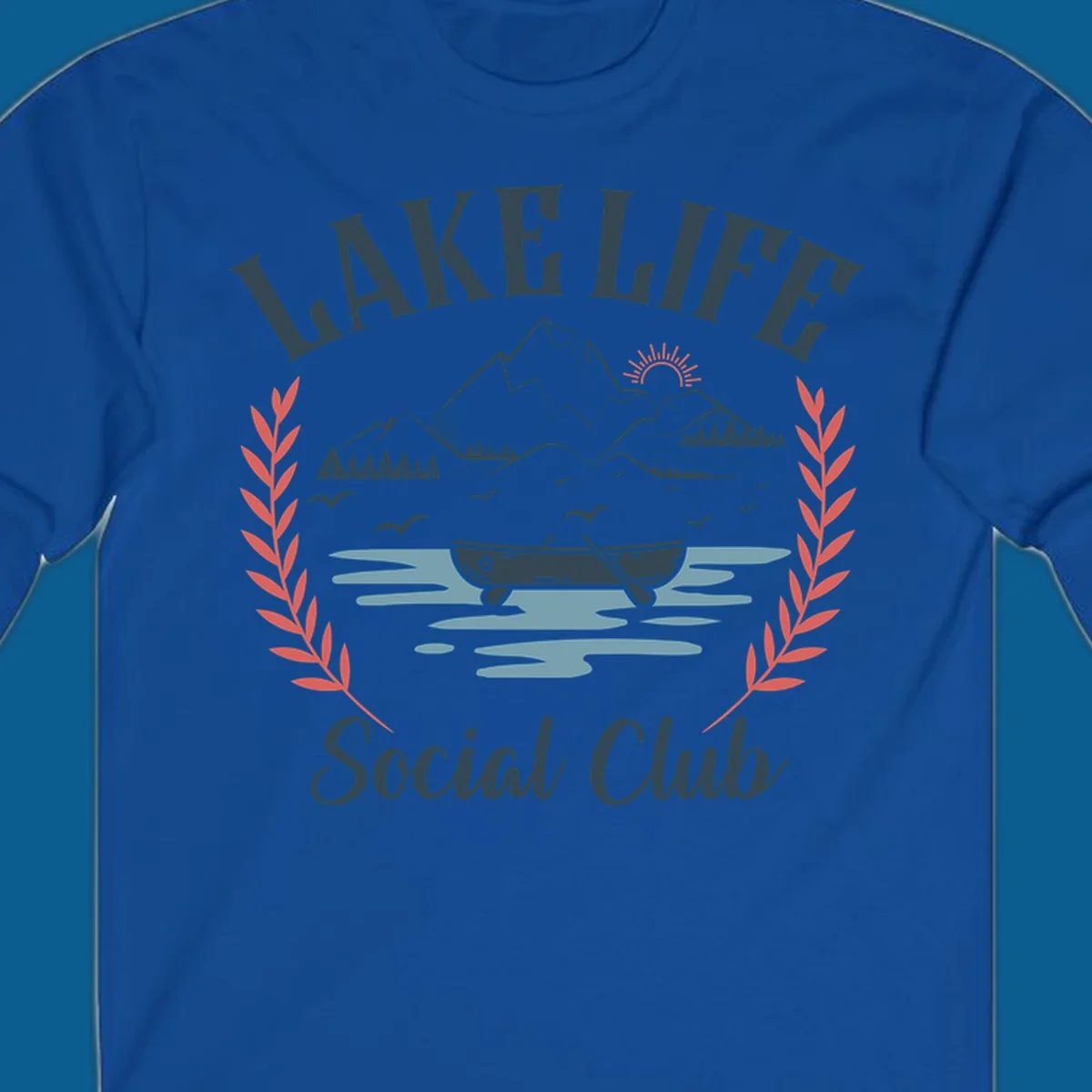 Lake life social club design with mountains, lake, canoe, and birds.