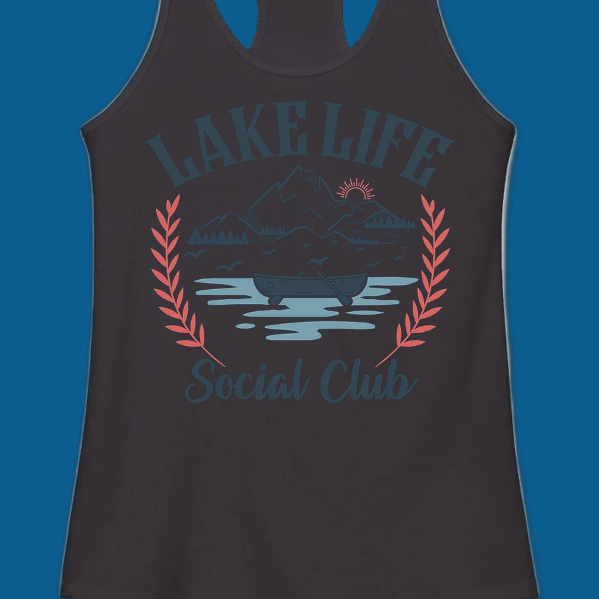 Lake life social club design with mountains, lake, canoe, and birds.