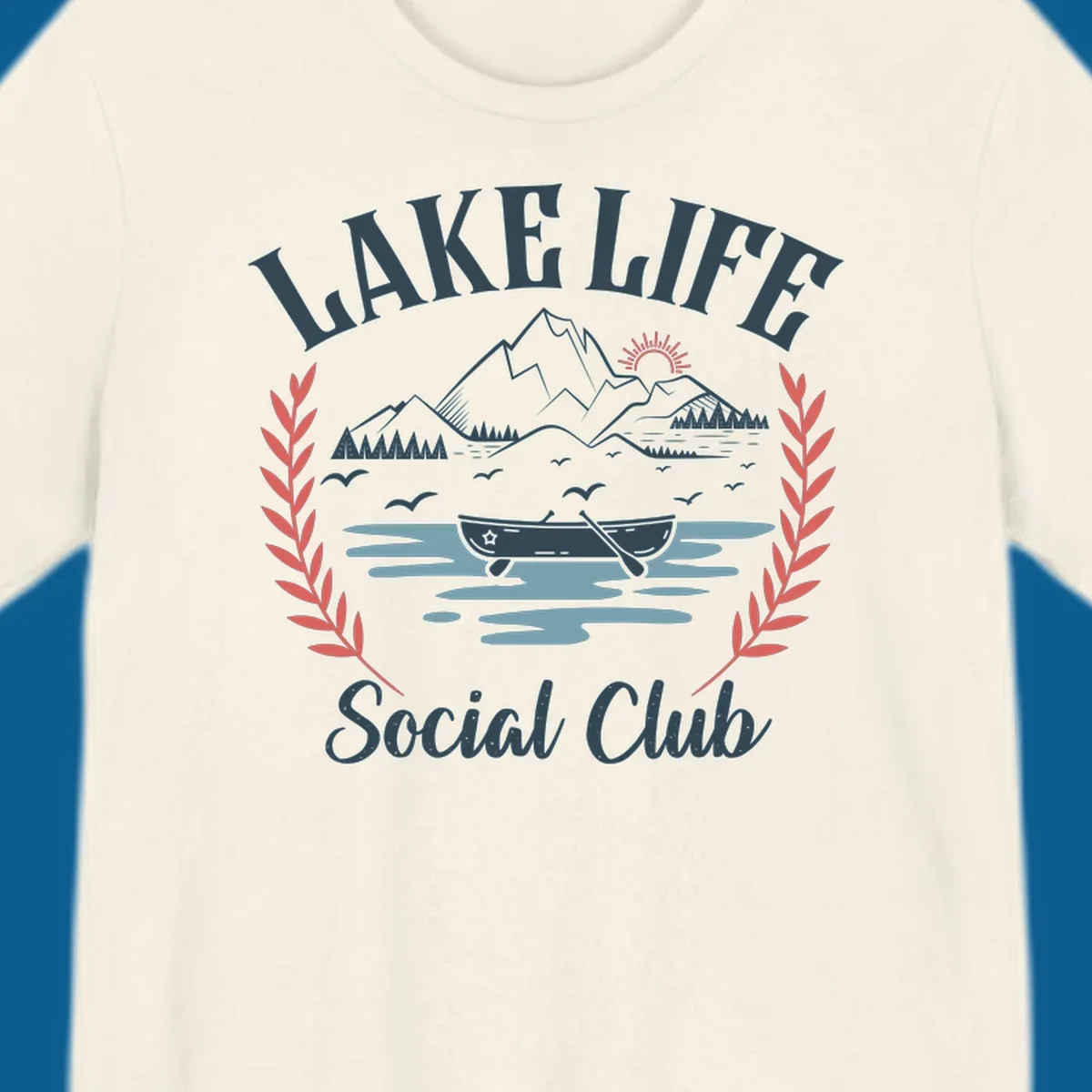 Lake life social club design with mountains, lake, canoe, and birds.