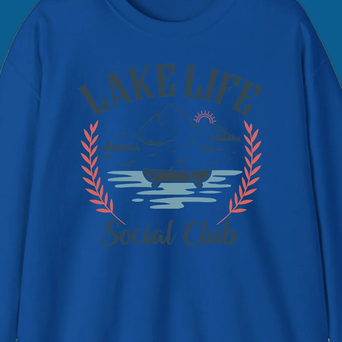 Lake life social club design with mountains, lake, canoe, and birds.