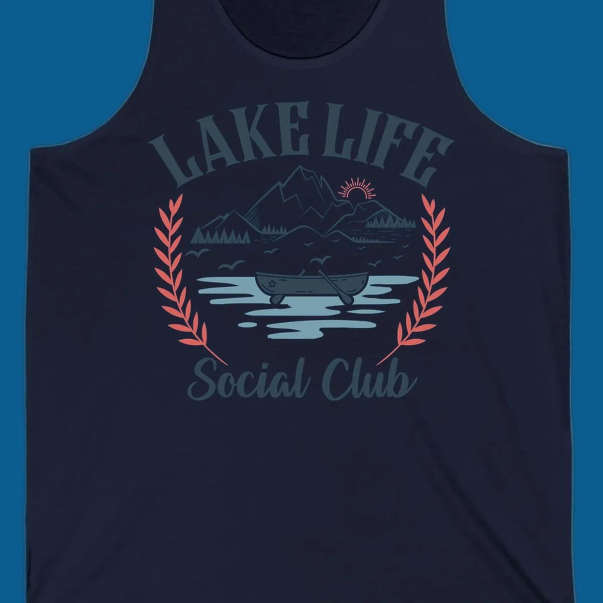 Lake life social club design with mountains, lake, canoe, and birds.
