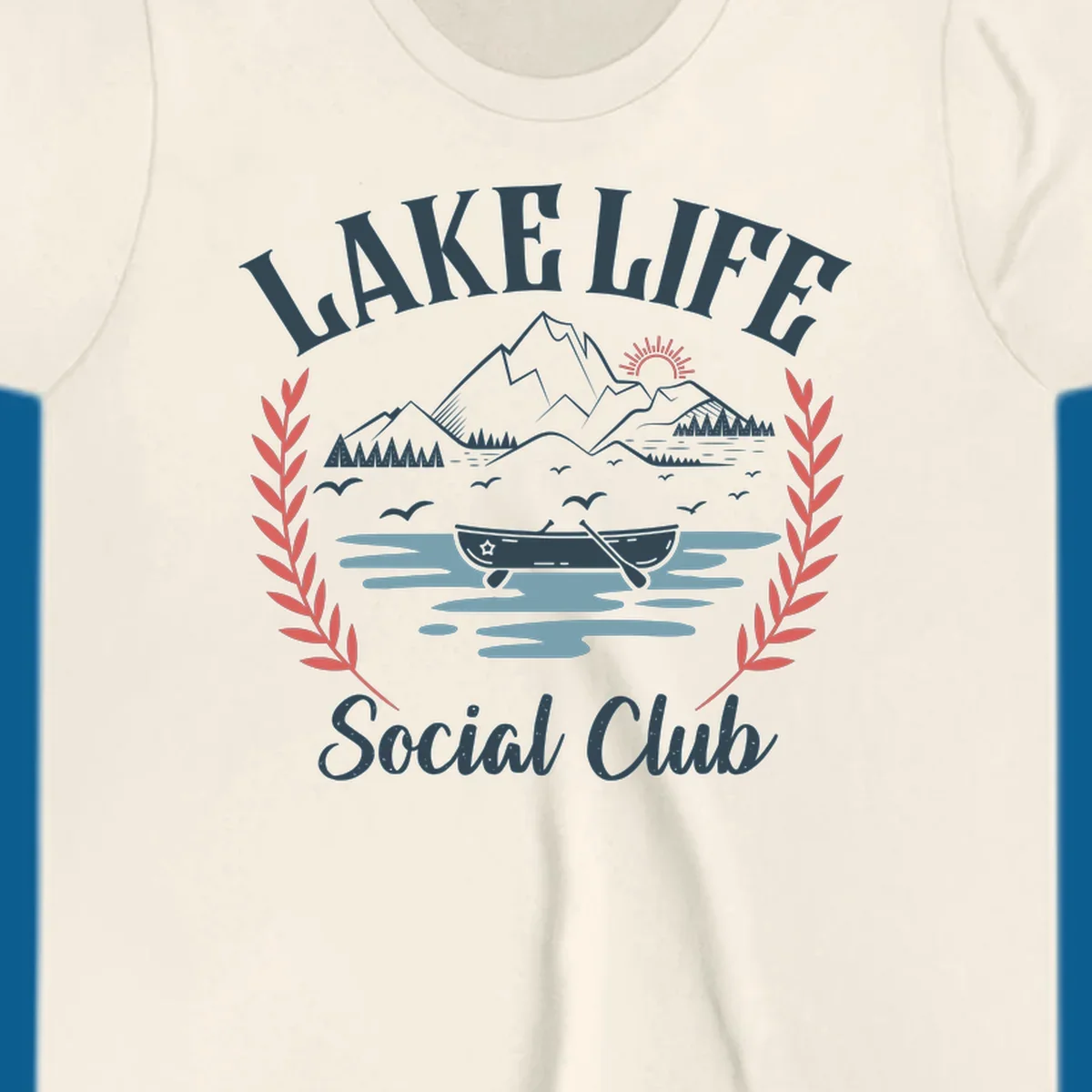 Lake life social club design with mountains, lake, canoe, and birds.