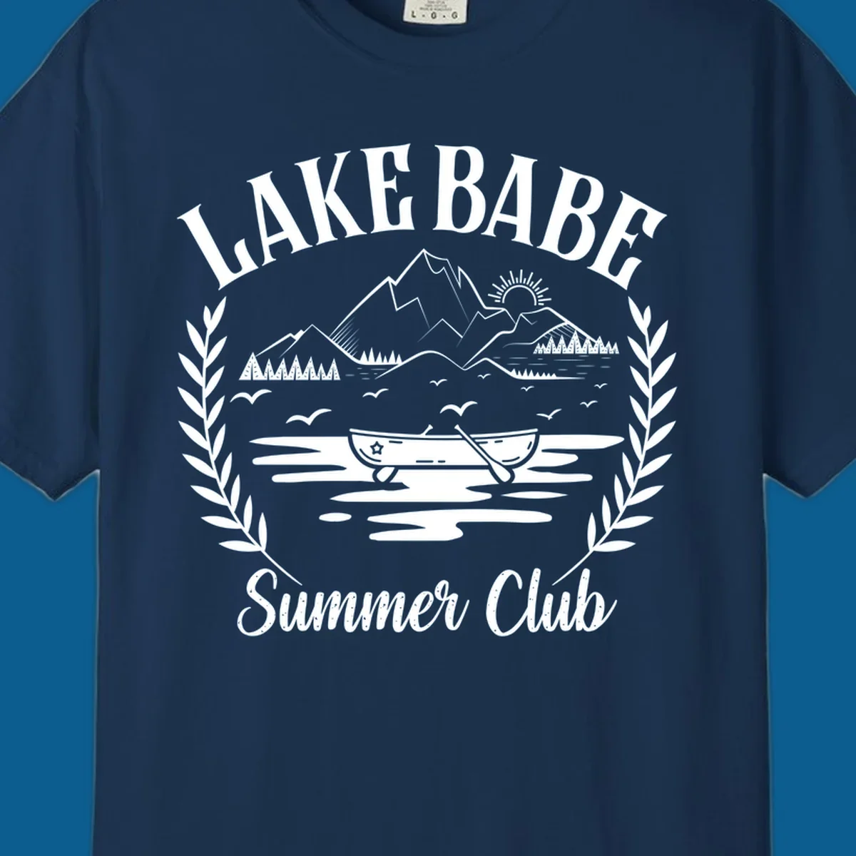 Lake Babe Summer Club design with mountains, lake, canoe, and text.