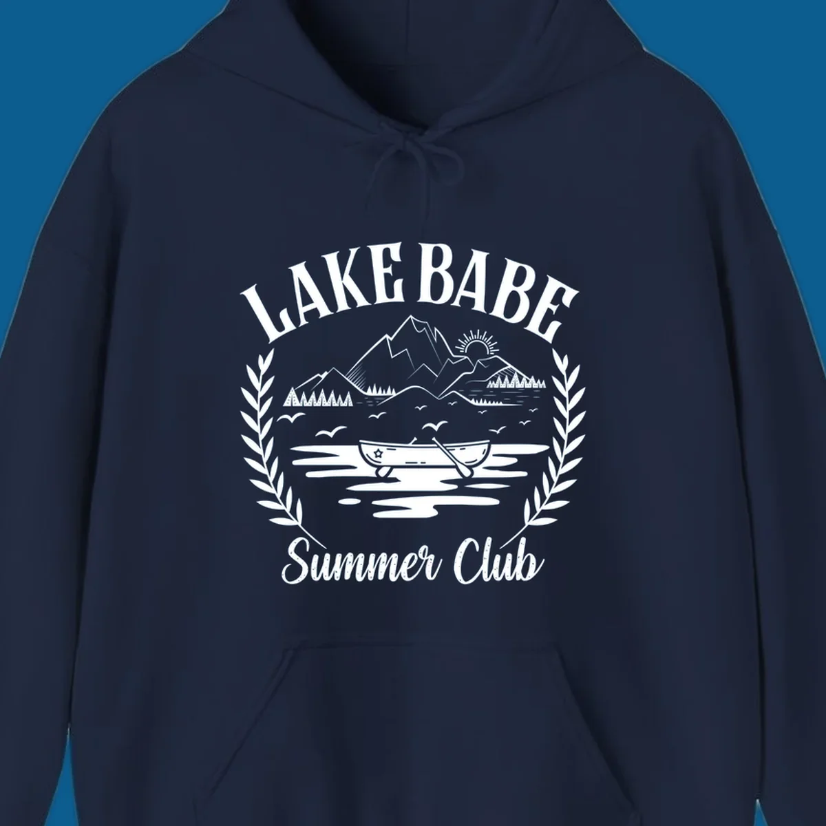 Lake Babe Summer Club design with mountains, lake, canoe, and text.