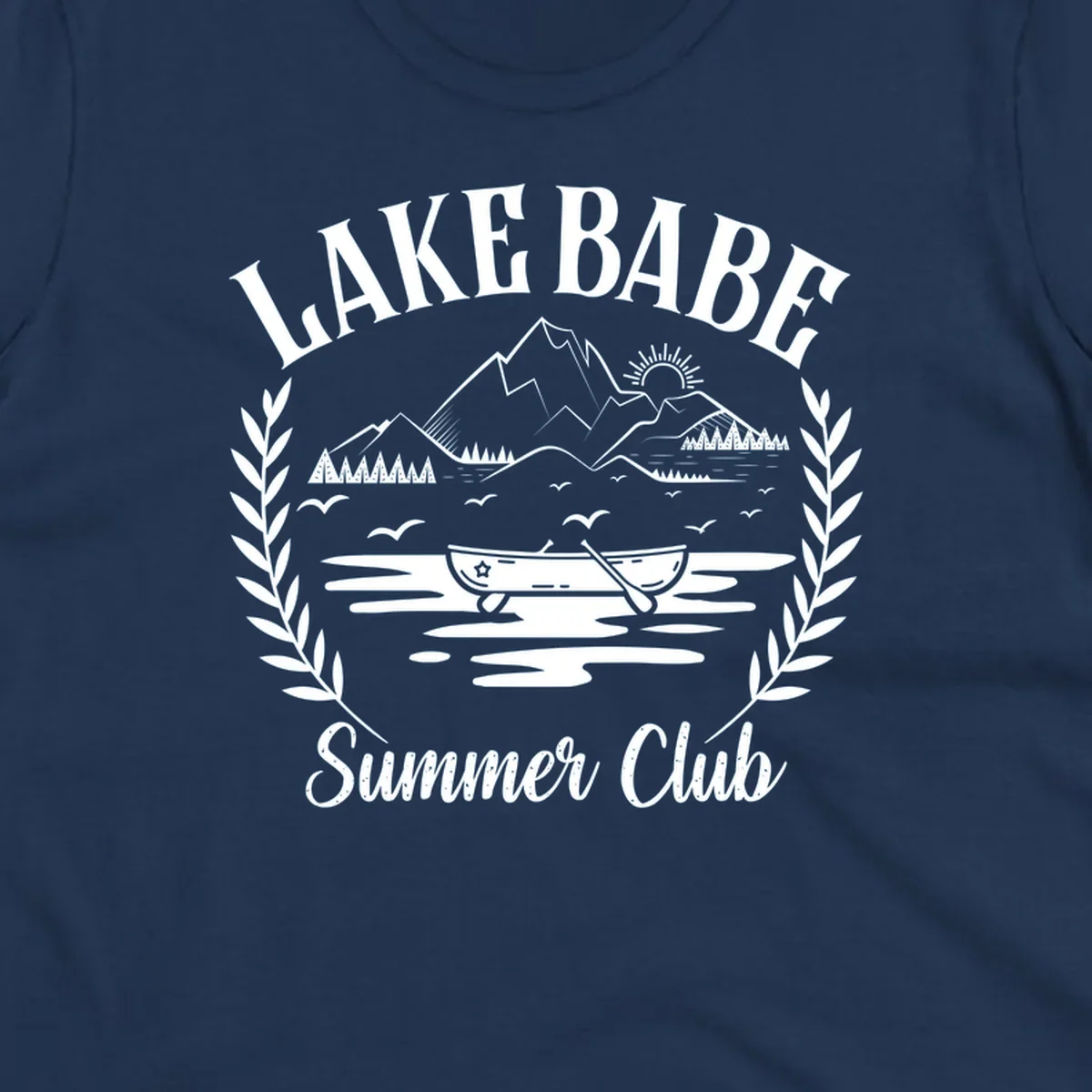 Lake Babe Summer Club design with mountains, lake, canoe, and text.