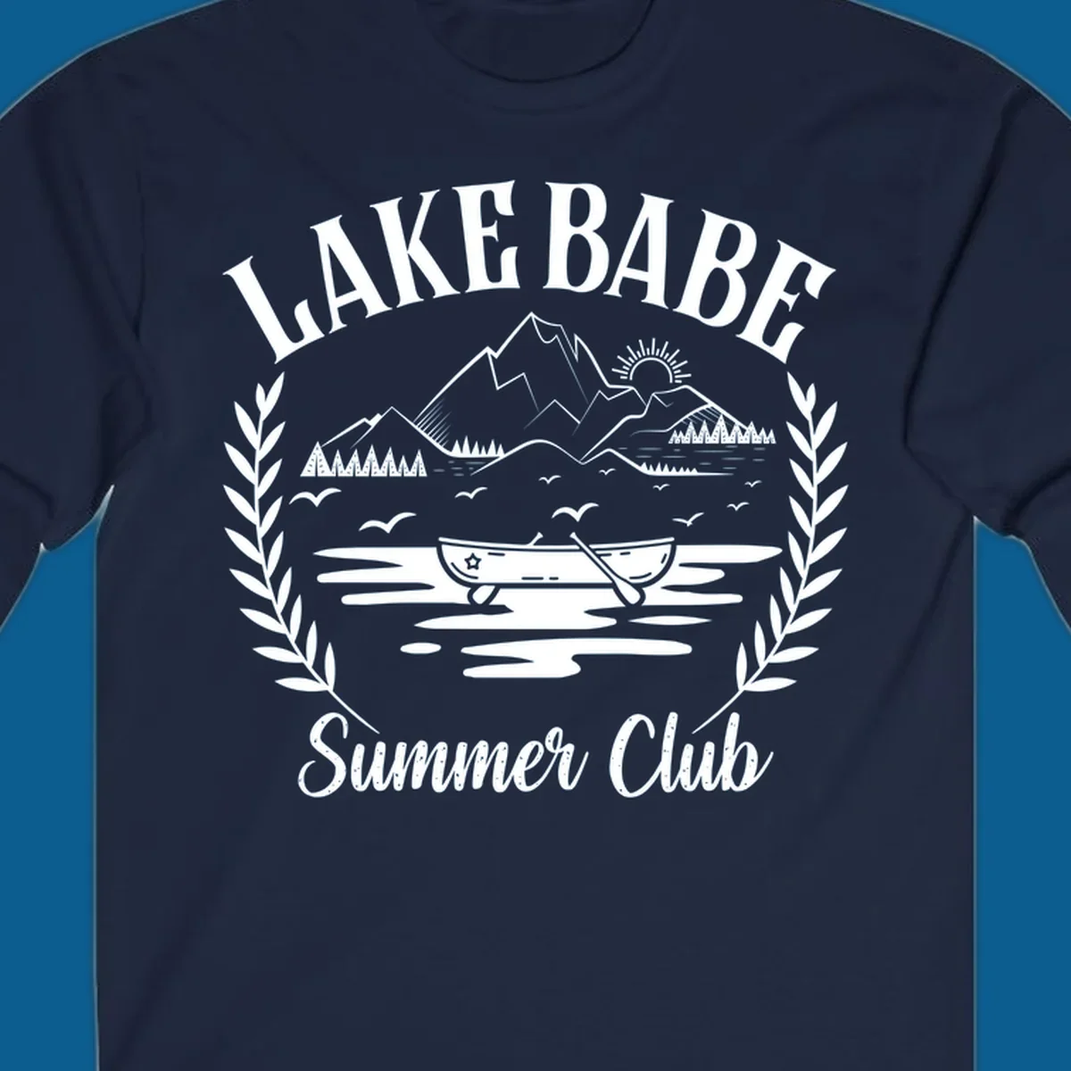 Lake Babe Summer Club design with mountains, lake, canoe, and text.