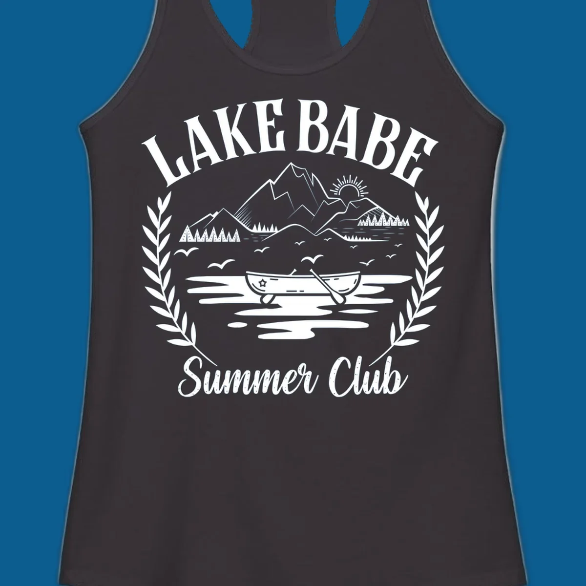 Lake Babe Summer Club design with mountains, lake, canoe, and text.