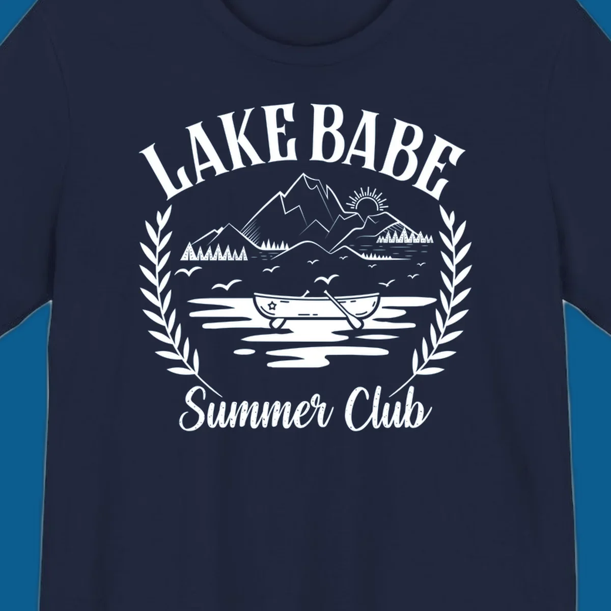 Lake Babe Summer Club design with mountains, lake, canoe, and text.
