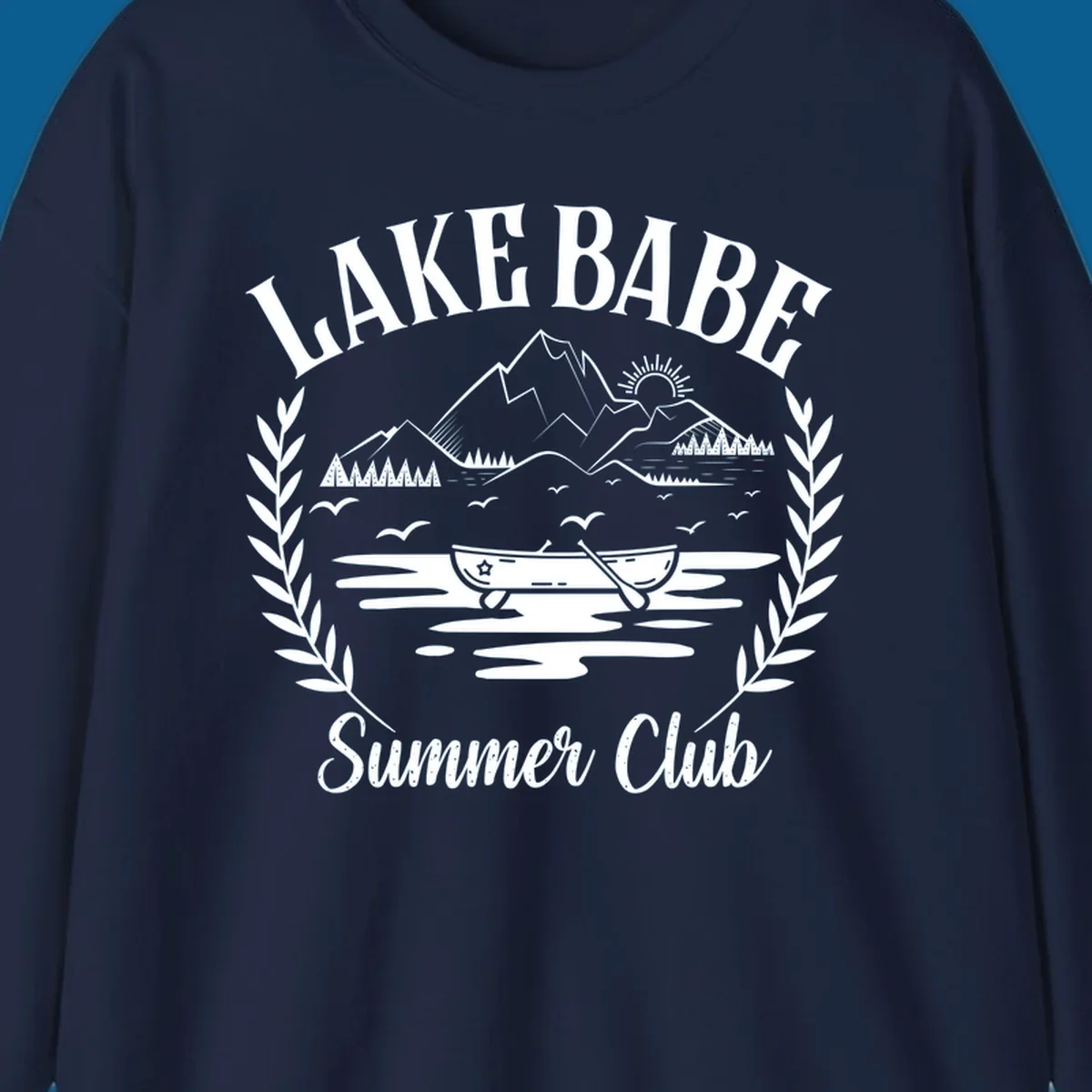 Lake Babe Summer Club design with mountains, lake, canoe, and text.