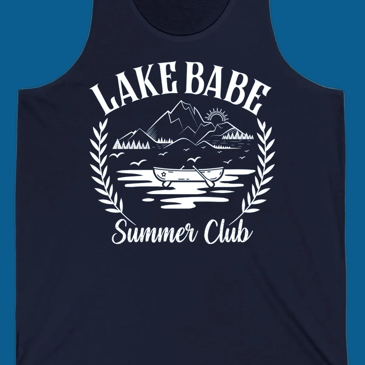 Lake Babe Summer Club design with mountains, lake, canoe, and text.