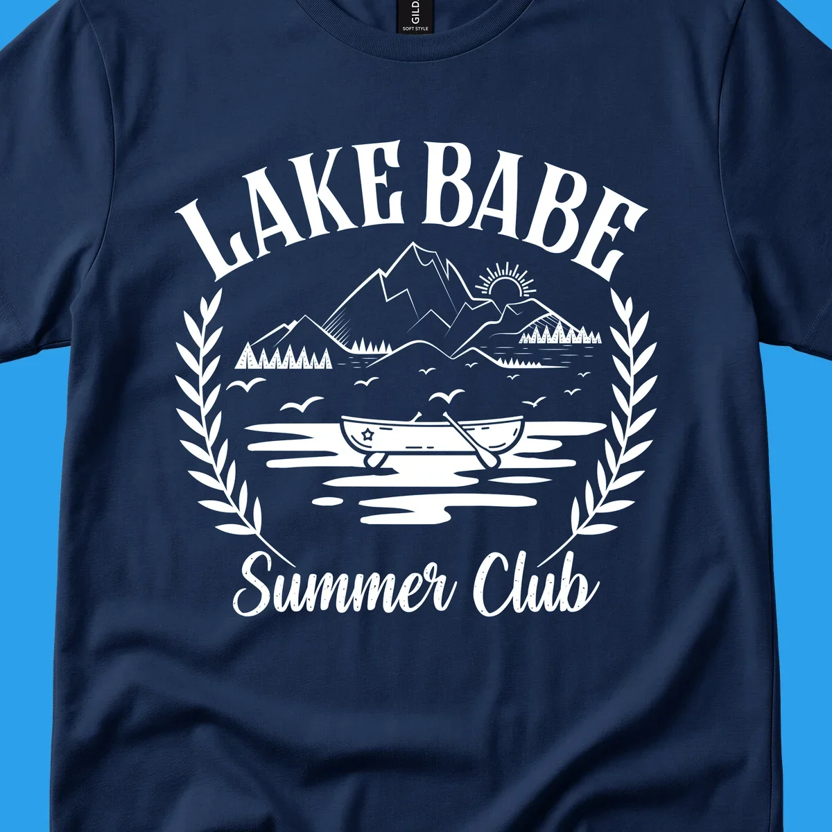 Lake Babe Summer Club design with mountains, lake, canoe, and text.