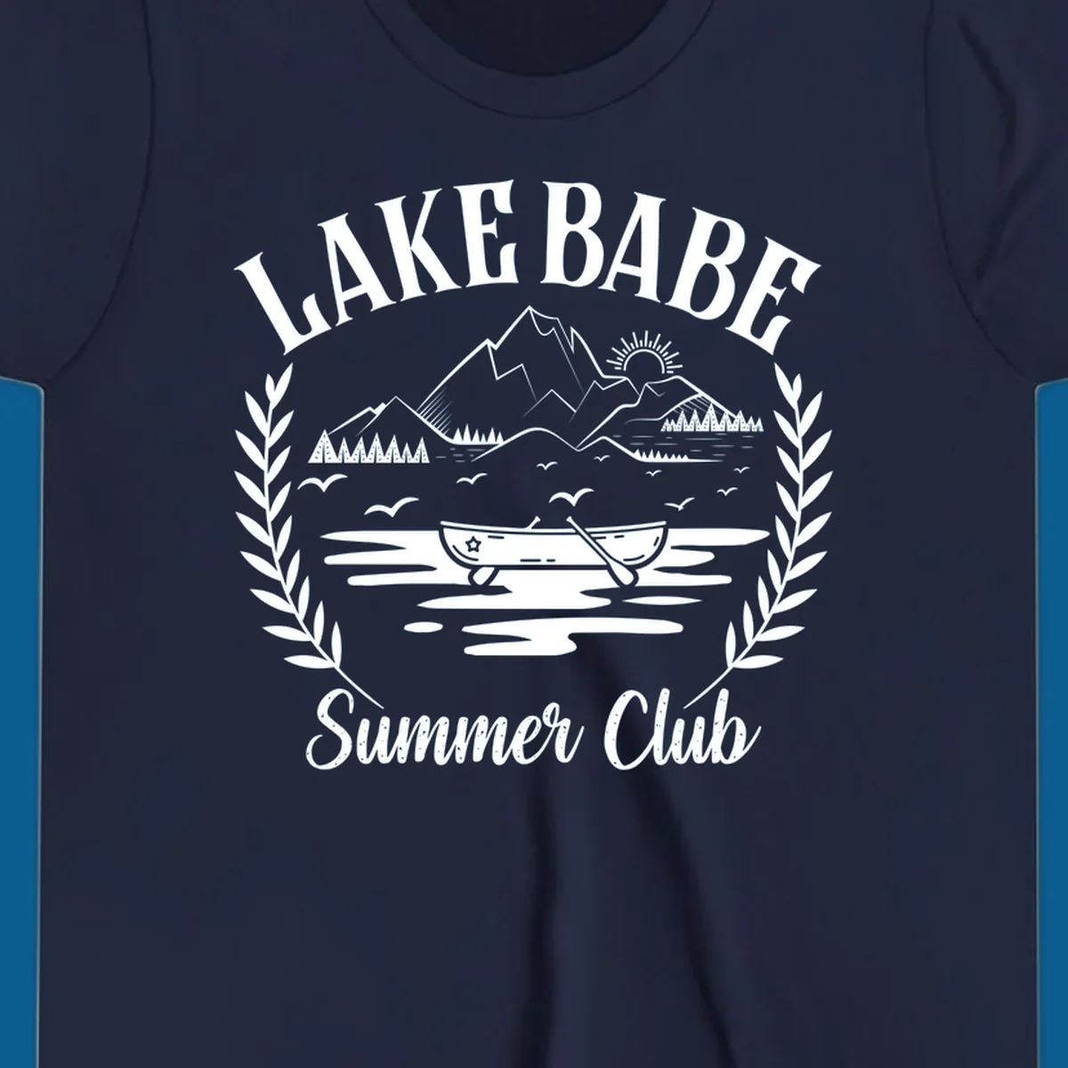 Lake Babe Summer Club design with mountains, lake, canoe, and text.