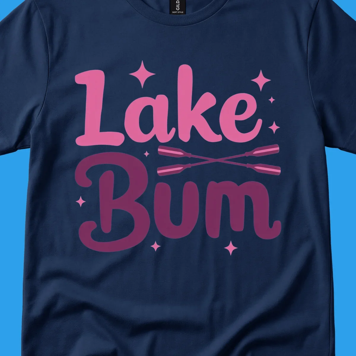 Lake Bum text with crossed oars and stars, lake-bum-lifestyle design