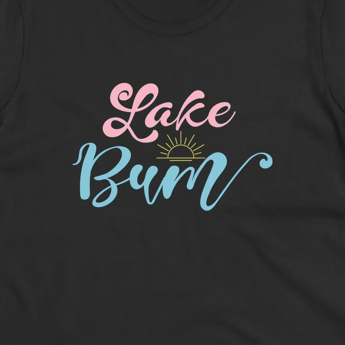 Lake Bum text design with a sunset graphic, in pink and blue script.