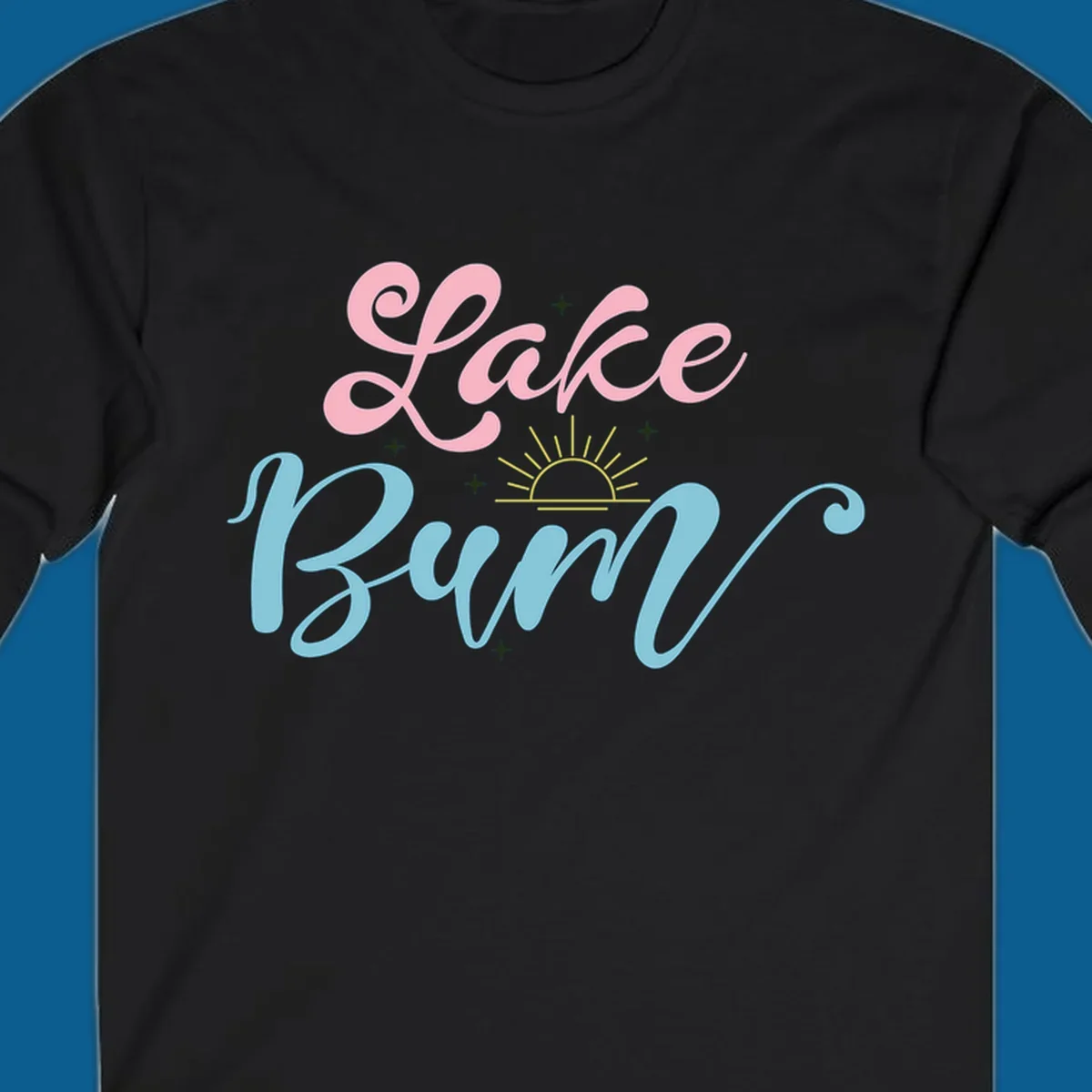 Lake Bum text design with a sunset graphic, in pink and blue script.