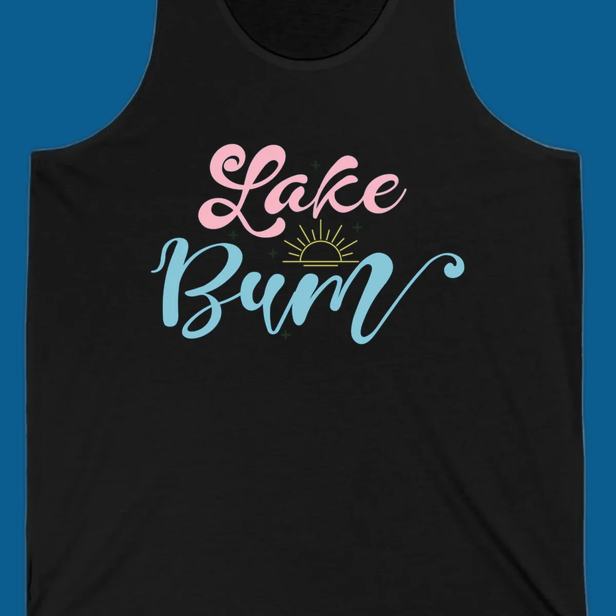 Lake Bum text design with a sunset graphic, in pink and blue script.