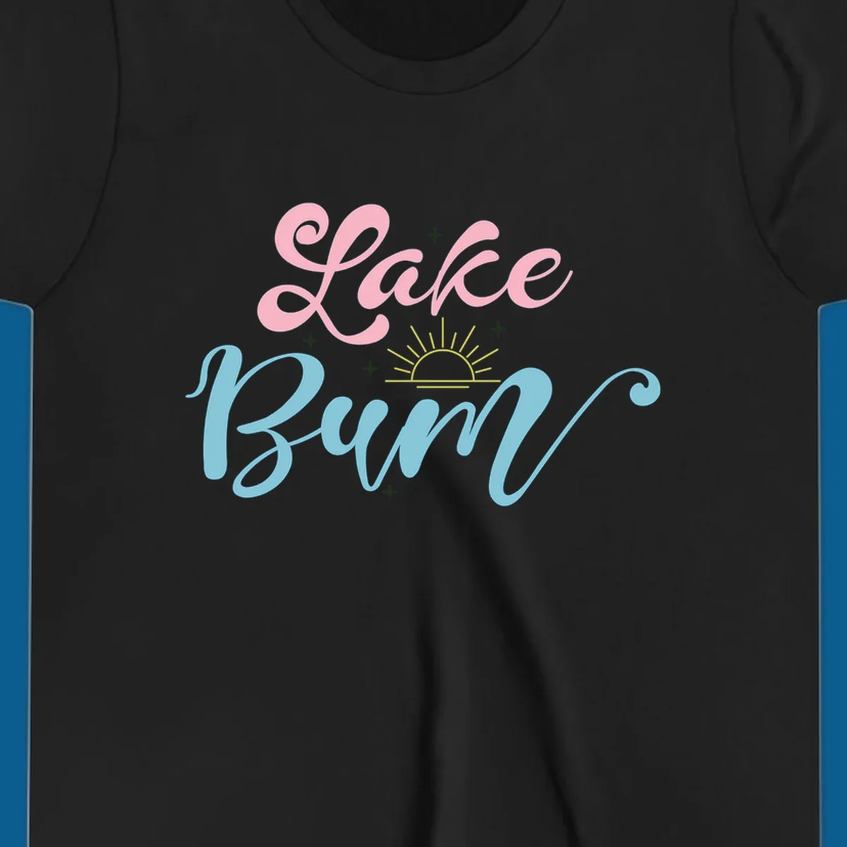 Lake Bum text design with a sunset graphic, in pink and blue script.